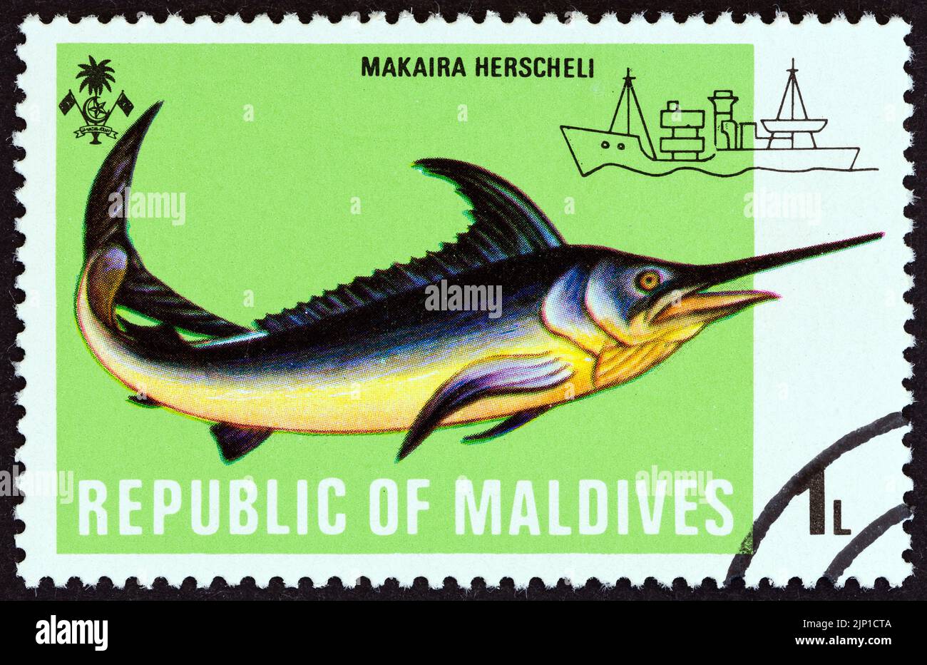 MALDIVES - CIRCA 1973: A stamp printed in Maldives from the 'Fishes' issue shows Marlin (Makaira herscheli), circa 1973. Stock Photo