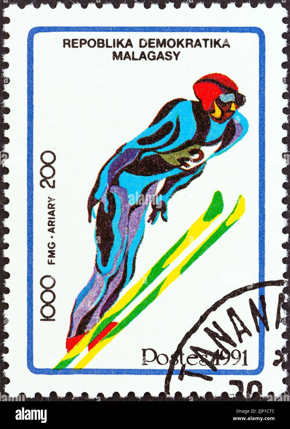 MADAGASCAR - CIRCA 1991: A stamp printed in Madagascar from the 'Winter Olympic Games, Albertville' 2nd issue shows Ski jumping, circa 1991. Stock Photo