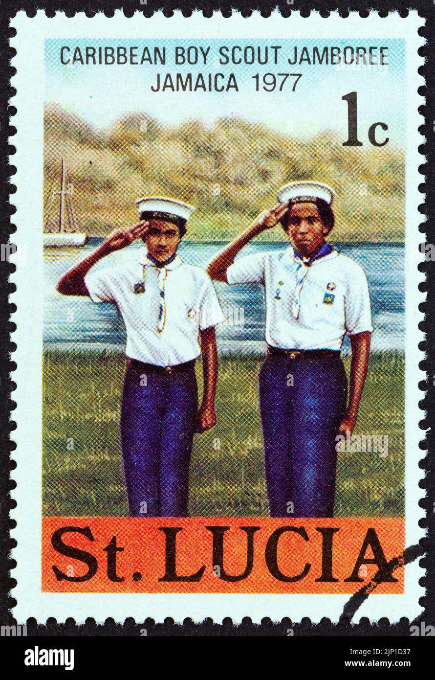 SAINT LUCIA - CIRCA 1977: A stamp printed in Saint Lucia from the 'Caribbean Boy Scout Jamboree' issue shows Sea scouts, circa 1977. Stock Photo