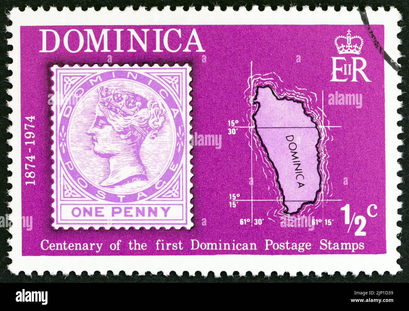 Dominica Circa 1974 A Stamp Printed In Dominica Shows Dominica One Penny Stamp Of 1874 And