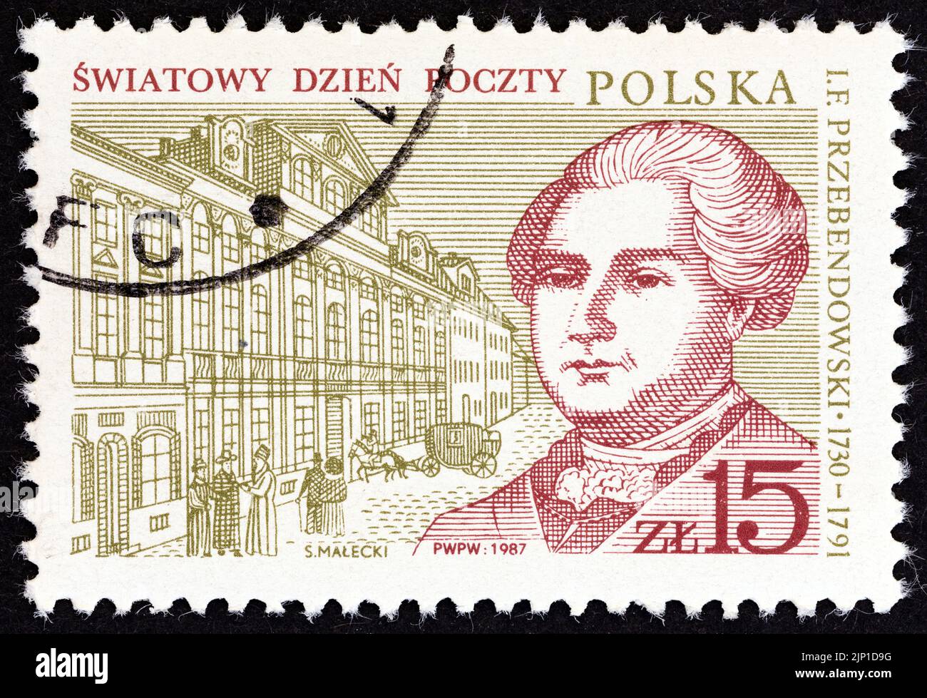 POLAND - CIRCA 1987: A stamp printed in Poland shows Warsaw Post Office and Postmaster General Ignacy Franciszek Przebendowski, circa 1987. Stock Photo