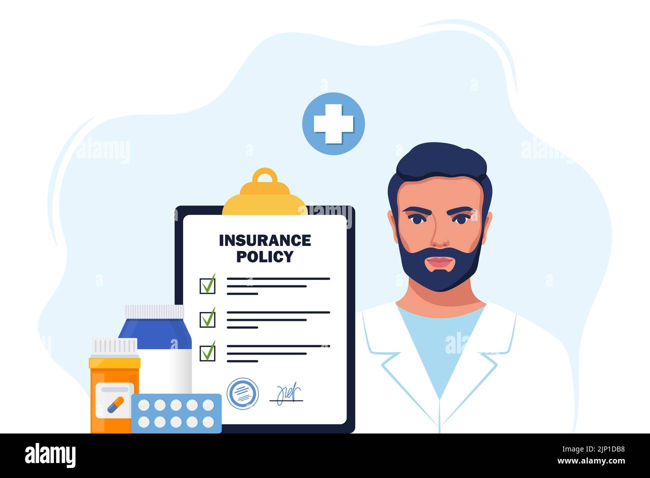 Health insurance concept. Insurance policy on clipboard, medical drugs, pills, man doctor in