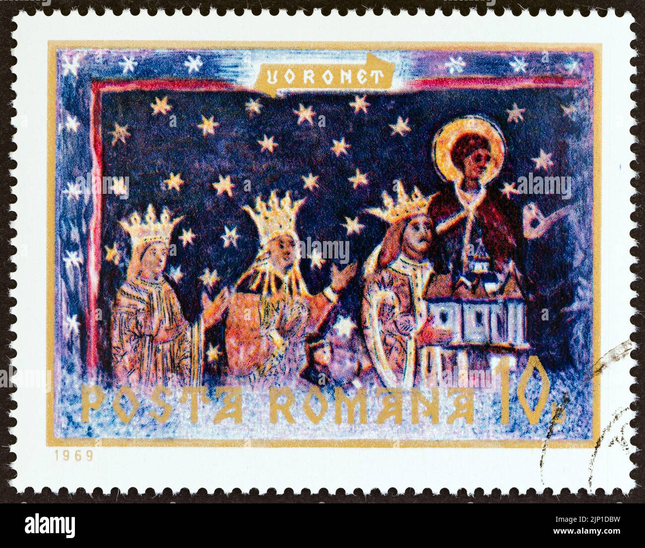 OMANIA - CIRCA 1969: A stamp printed in Romania shows Three Kings fresco, Voronet Monastery, circa 1969. Stock Photo