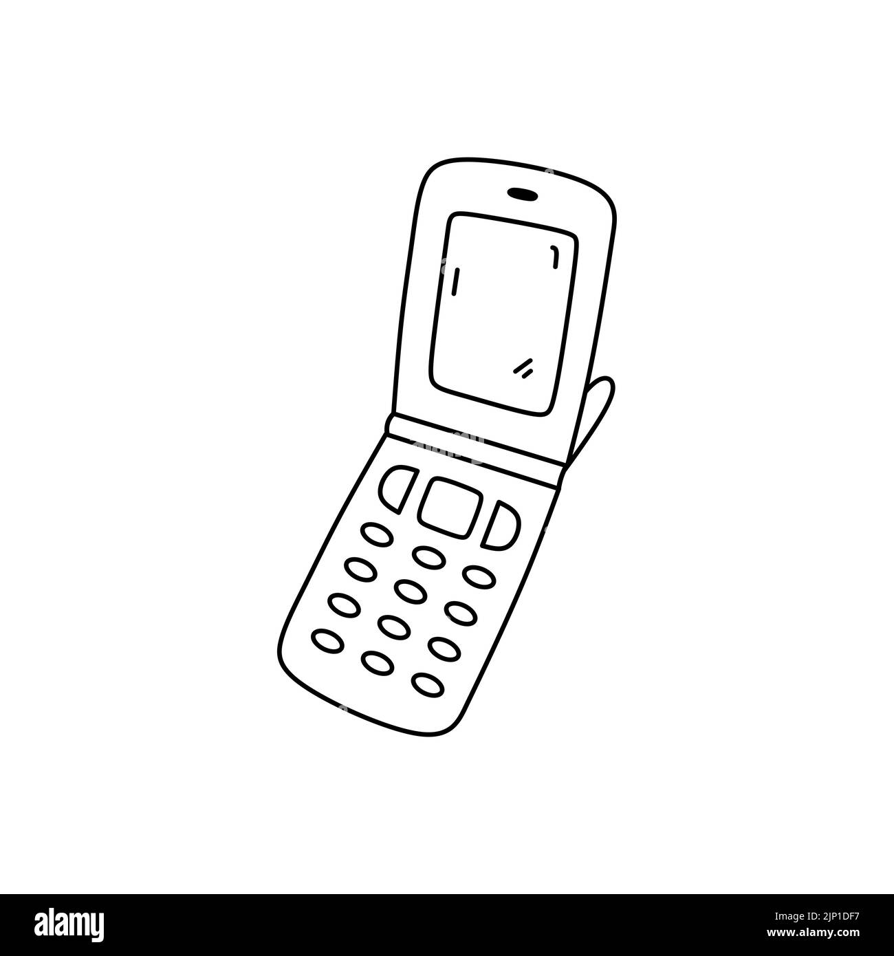 Retro flip phone isolated on white background. Vector hand-drawn illustration in doodle style. Old fashioned mobile phone. Perfect for decorations, logo, various designs. Stock Vector