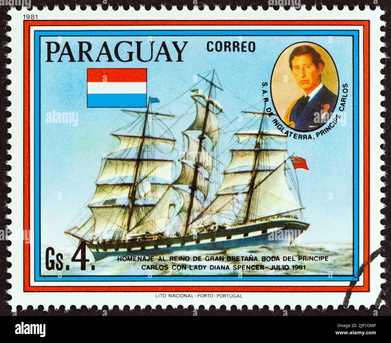 PARAGUAY - CIRCA 1981: A stamp printed in Paraguay from the 'Wedding of Prince Charles and Lady Diana Spencer' issue shows Loch Etive, circa 1981. Stock Photo