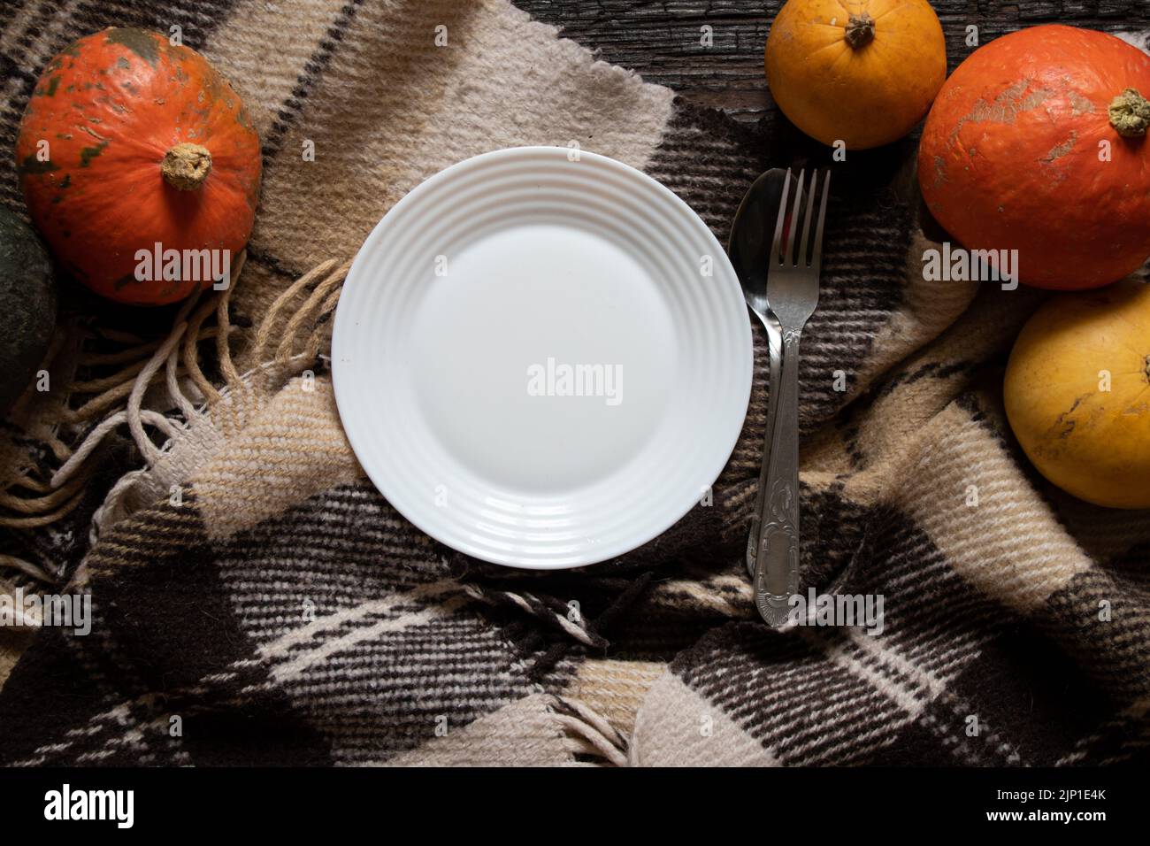white plate on the table on a checkered tablecloth and next to pumpkins on an old wooden table, festive serving decor, plate on the table, dishes on t Stock Photo