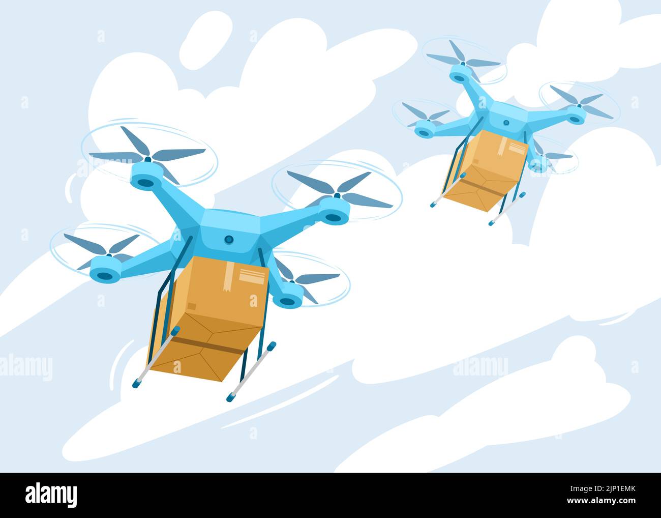 Drone for air delivery. Delivery flying robot drones, express robot shipment concept. Modern technologies in cargo transportation. Cartoon vector illustration. Stock Vector
