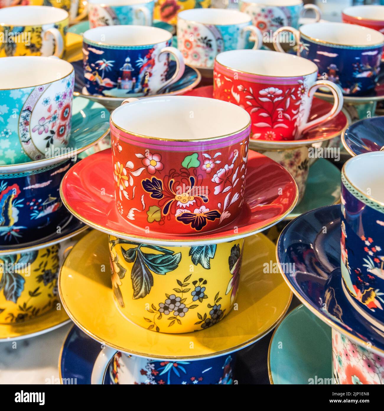 Colourful cups and saucers in the Wedgwood Tea Rooms ,World of Wedgwood