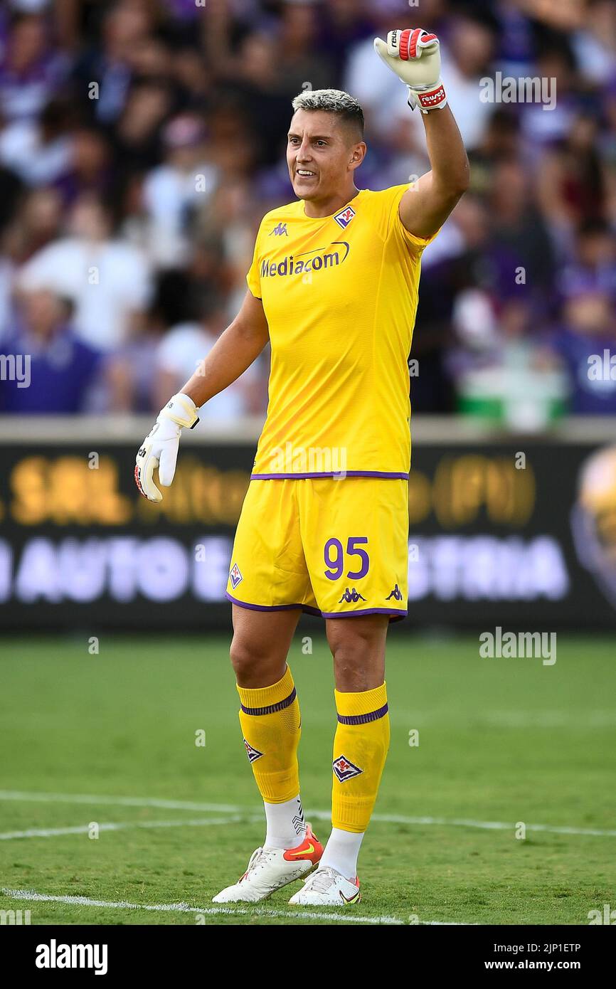 Florence, Italy. 14 August 2022. Pierluigi Gollini of ACF Fiorentina gestures during the Serie A football match between ACF Fiorentina and US Cremonese. Credit: Nicolò Campo/Alamy Live News Stock Photo