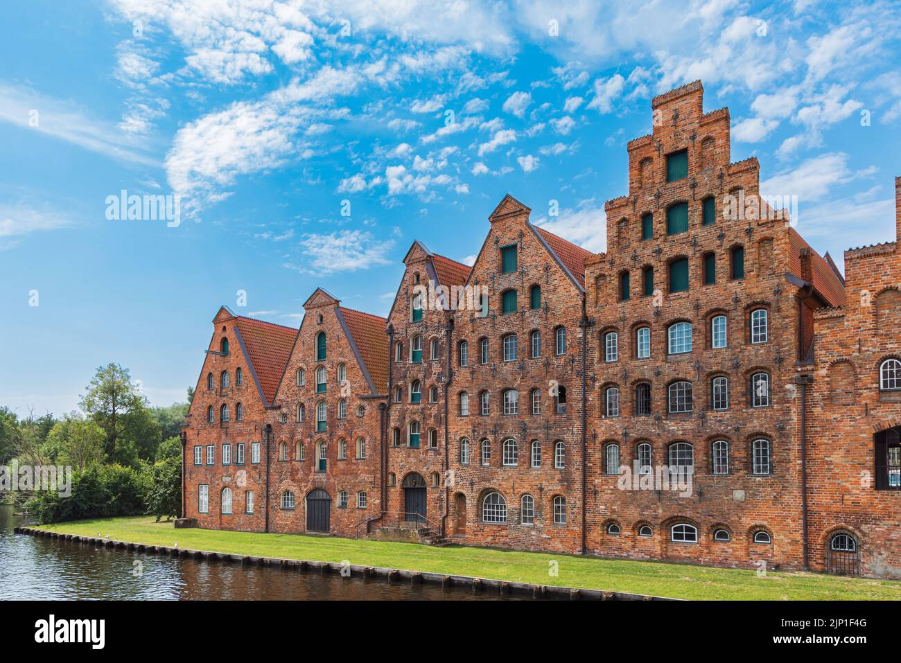 Cityscape with ancient building row of buildings called Salzspeicher in Lubeck in schleswig-holstein in northern Germany Stock Photo