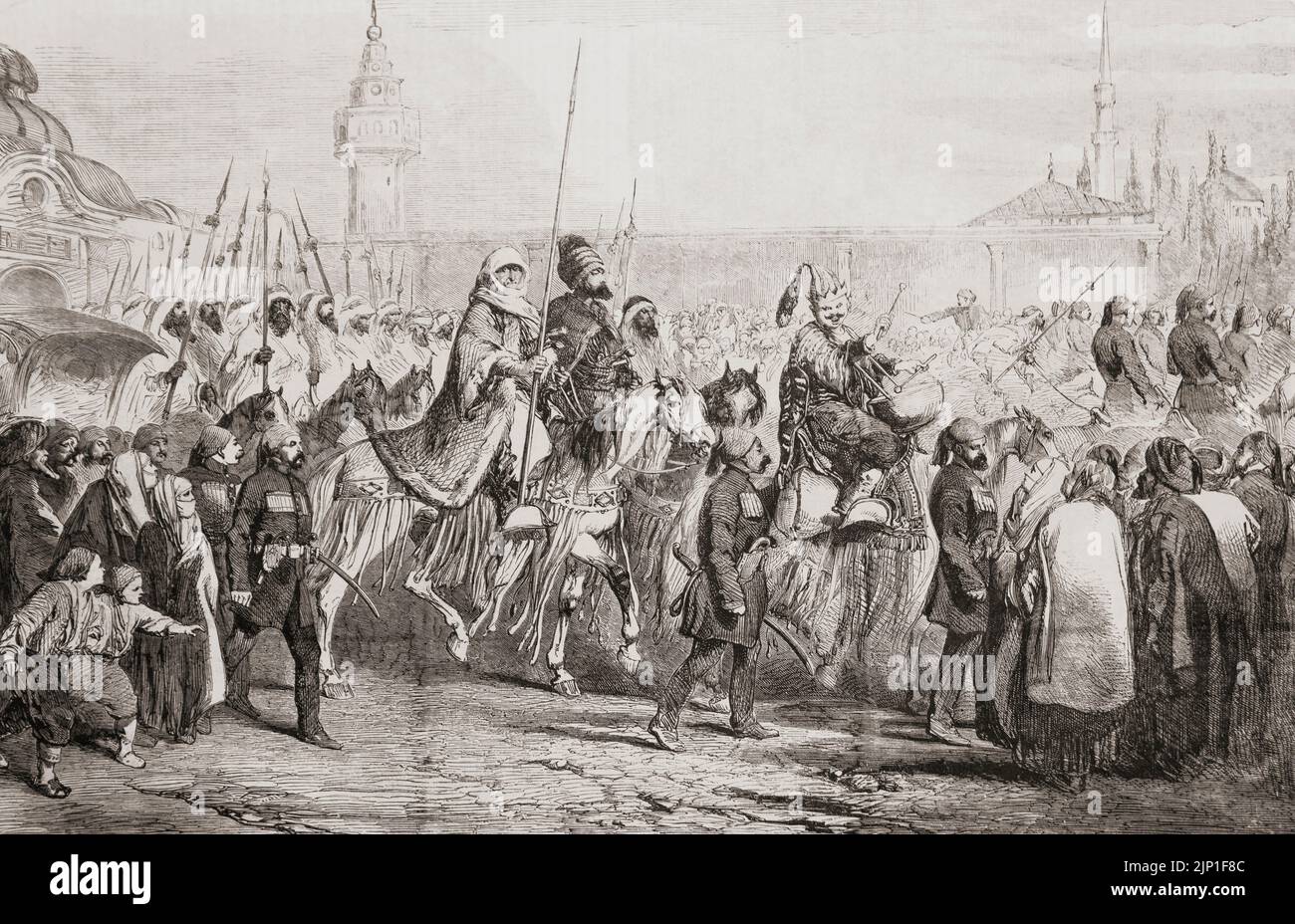 Kara Fatima Khanum arrives in Constantinople with a large retinue of mounted warriors of her tribe, at the start of the Crimean war. She was a female chieftain of a Kurdish tribe from Marash who personally commanded a Kurdish contingent in the Crimean War to prove her loyalty to the Ottoman state following the imprisonment of her husband, the tribal leader.  From L'Univers Illustre, published Paris, 1859 Stock Photo