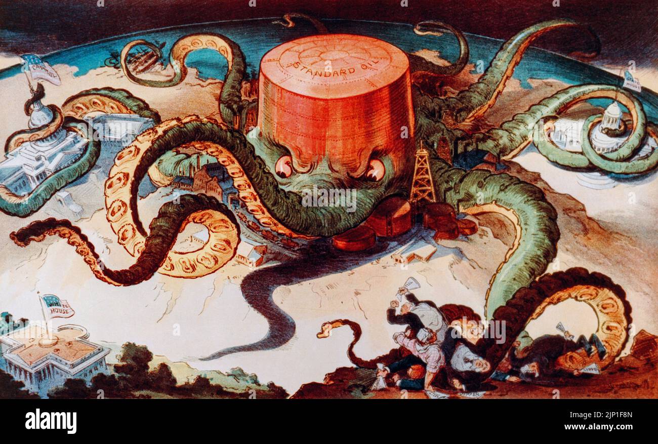 Next!  After a work by Udo Keppler published in Puck Magazine, September 1904.  A view of the Standard Oil Company, Inc, at the time the world's biggest petroleum company, as an octopus with tentacles which enveloped and influenced the most important American institutions.  In the picture the beast is reaching for the White House.  In 1911 the Supreme Court of the United States ordered Standard Oil to be dissolved and fragmented into 34 different companies. Stock Photo