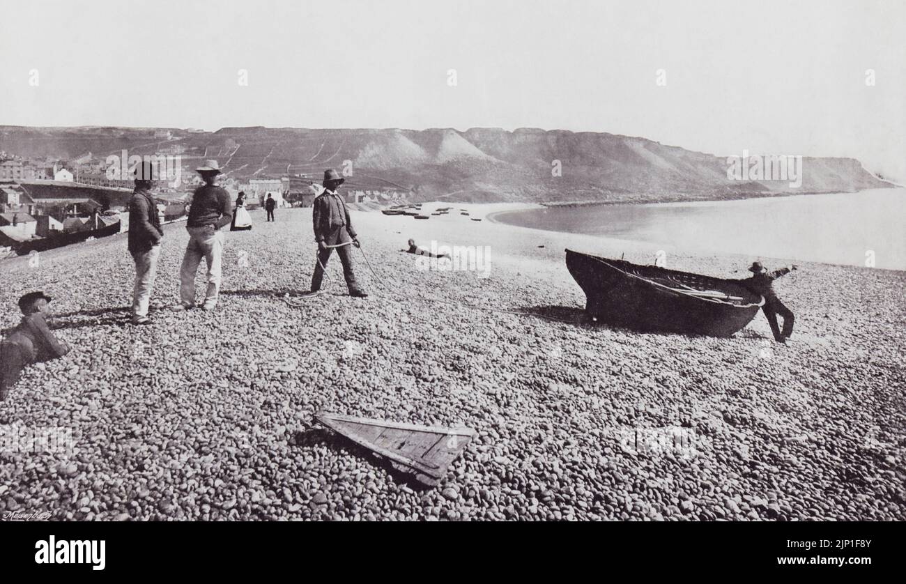 Isle of Portland, English Channel.  The Chesil Beach, seen here in the 19th century.  From Around The Coast,  An Album of Pictures from Photographs of the Chief Seaside Places of Interest in Great Britain and Ireland published London, 1895, by George Newnes Limited. Stock Photo