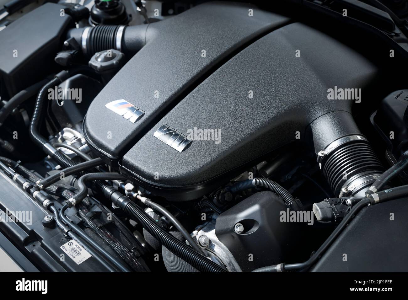 Berlin, Germany - August 14, 2022: BMW engine. Modern V10 engine in a German premium sports car. Automotive, motors, manufacturing concept. High quality photo Stock Photo