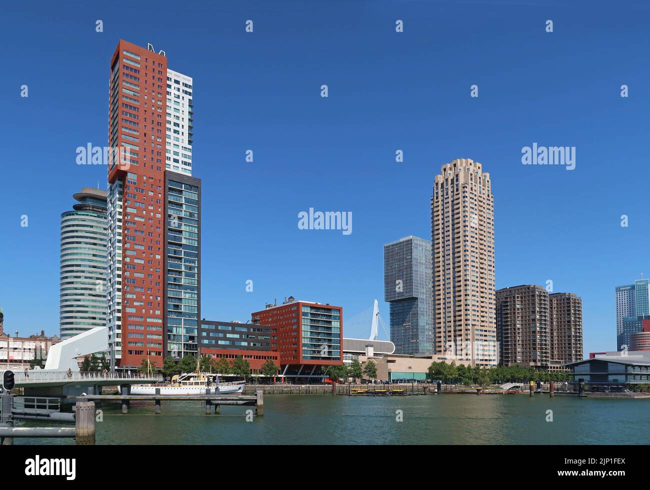 Rotterdam, Netherlands. View north across the water of Rijnhaven towards the new residential towers on Wilhelminapier. Stock Photo