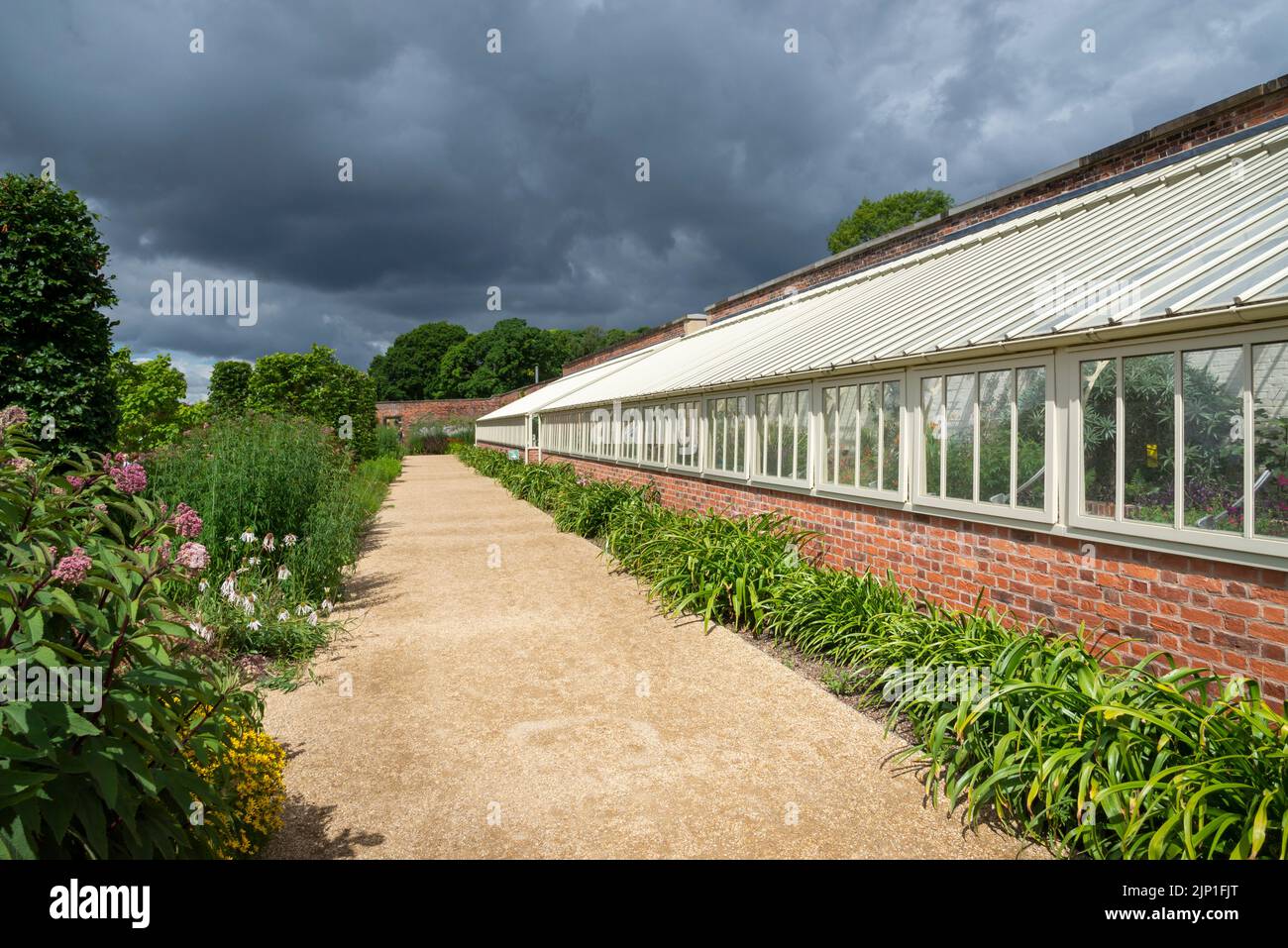 The restored glasshouses in the Paradise garden at RHS Bridgewater, Worsley, Greater Manchester, England. Stock Photo