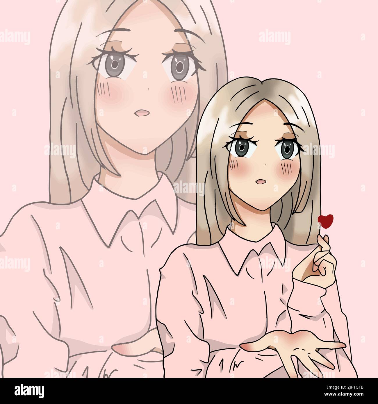 cute beautiful girl in a pink shirt shows a heart with fingers anime ...