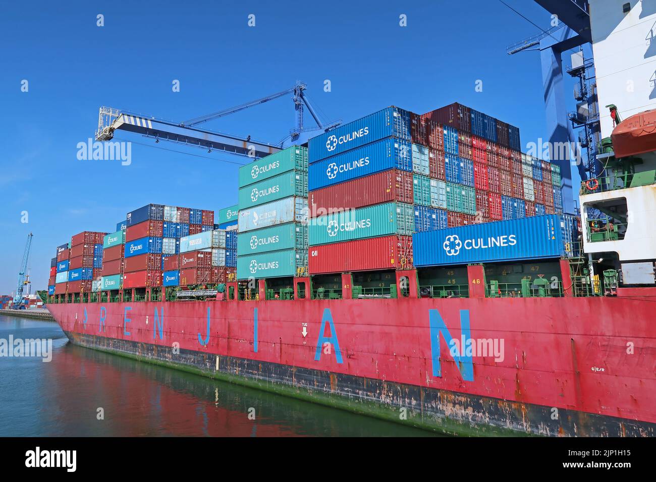 Chinese container ship Ren Jian 25 docked in the port of Rotterdam, Netherlands. Stock Photo
