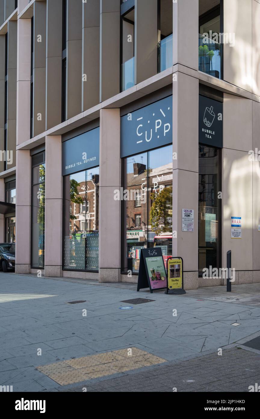 CUPP Bubble Tea shop selling the tea drink originating from Taiwan. Harrow town centre, Middlesex, England, UK. Stock Photo