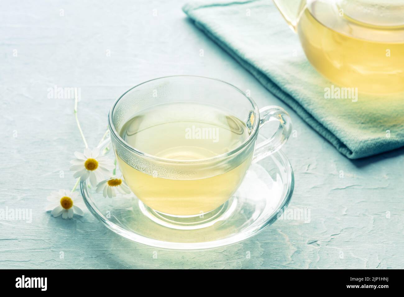 Camomile tea, floral infusion to heal and relax, natural treatment, organic tisane Stock Photo