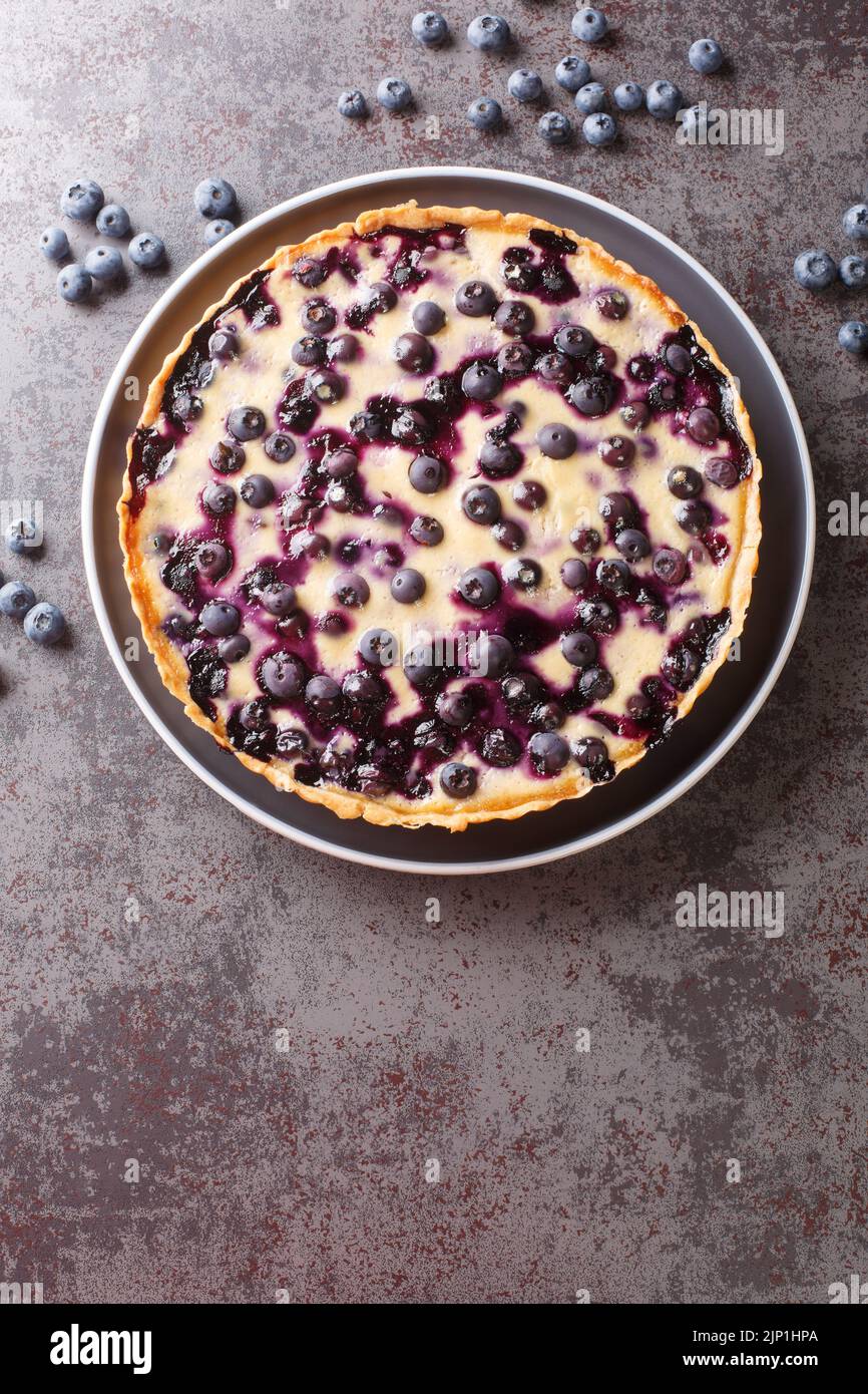 Blueberry tart with vanilla custard cream close-up in a plate on a table. Vertical top view from above Stock Photo
