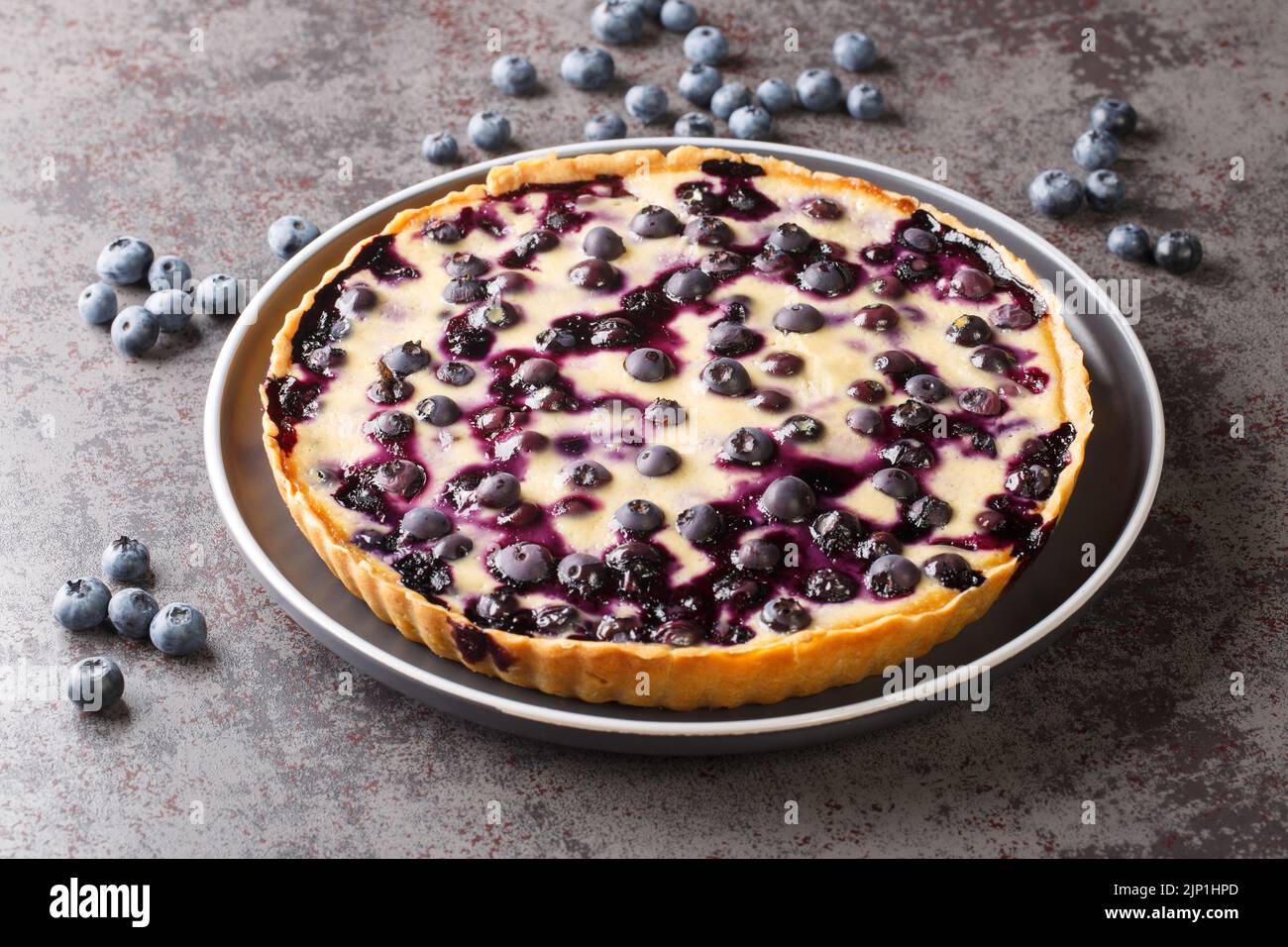 Delicious blueberry tart with custard and crispy crust close-up in a plate on the table. Horizontal Stock Photo