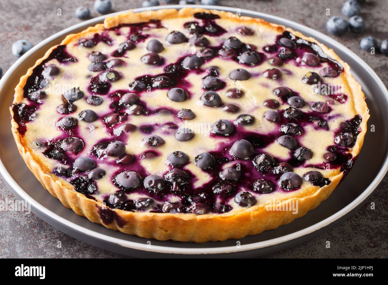 Homemade fresh blueberry tart with custard close-up in a plate on the table. Horizontal Stock Photo