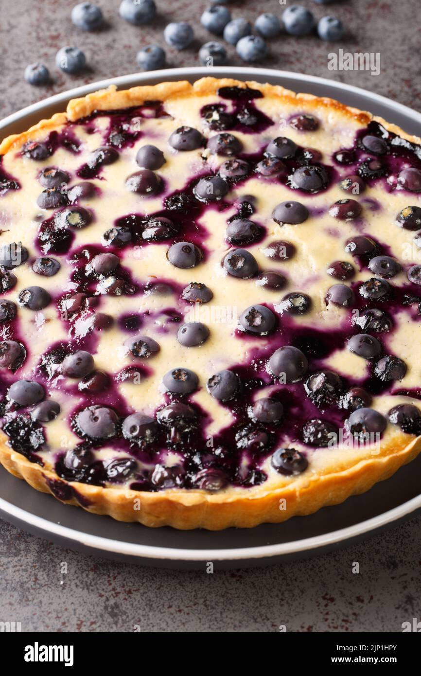 Traditional Finnish blueberry pie has a layer of blueberries are buried in a creamy custard topping on a crust close-up in a plate on a table. Vertica Stock Photo