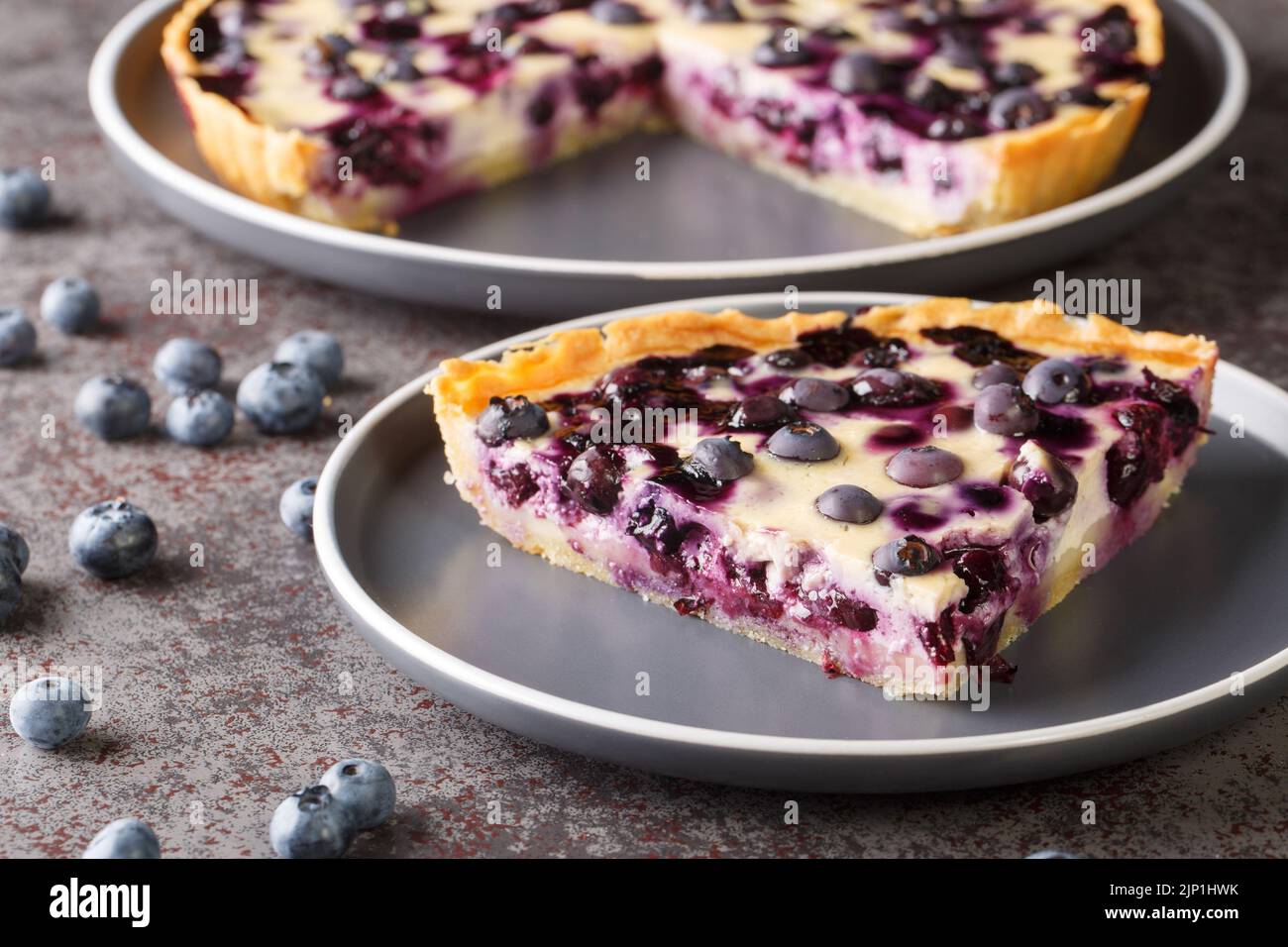 piece of freshly baked homemade blueberry pie close-up in a plate on a table. Horizontal Stock Photo