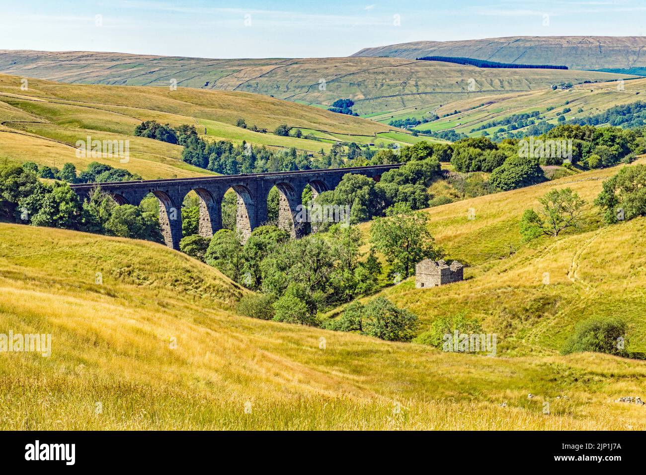 Looking down on the Dent Viaduct and Upper Dentdale in Cumbria on a sunny Aughst summer day Stock Photo