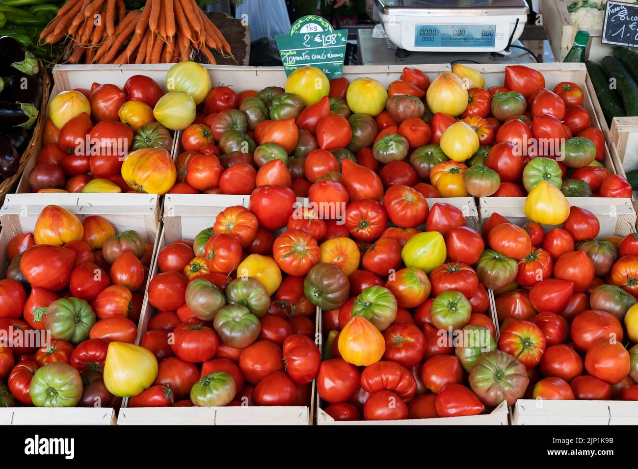 Tomatoes stall in the market of Sanary-sur-mer, France Stock Photo