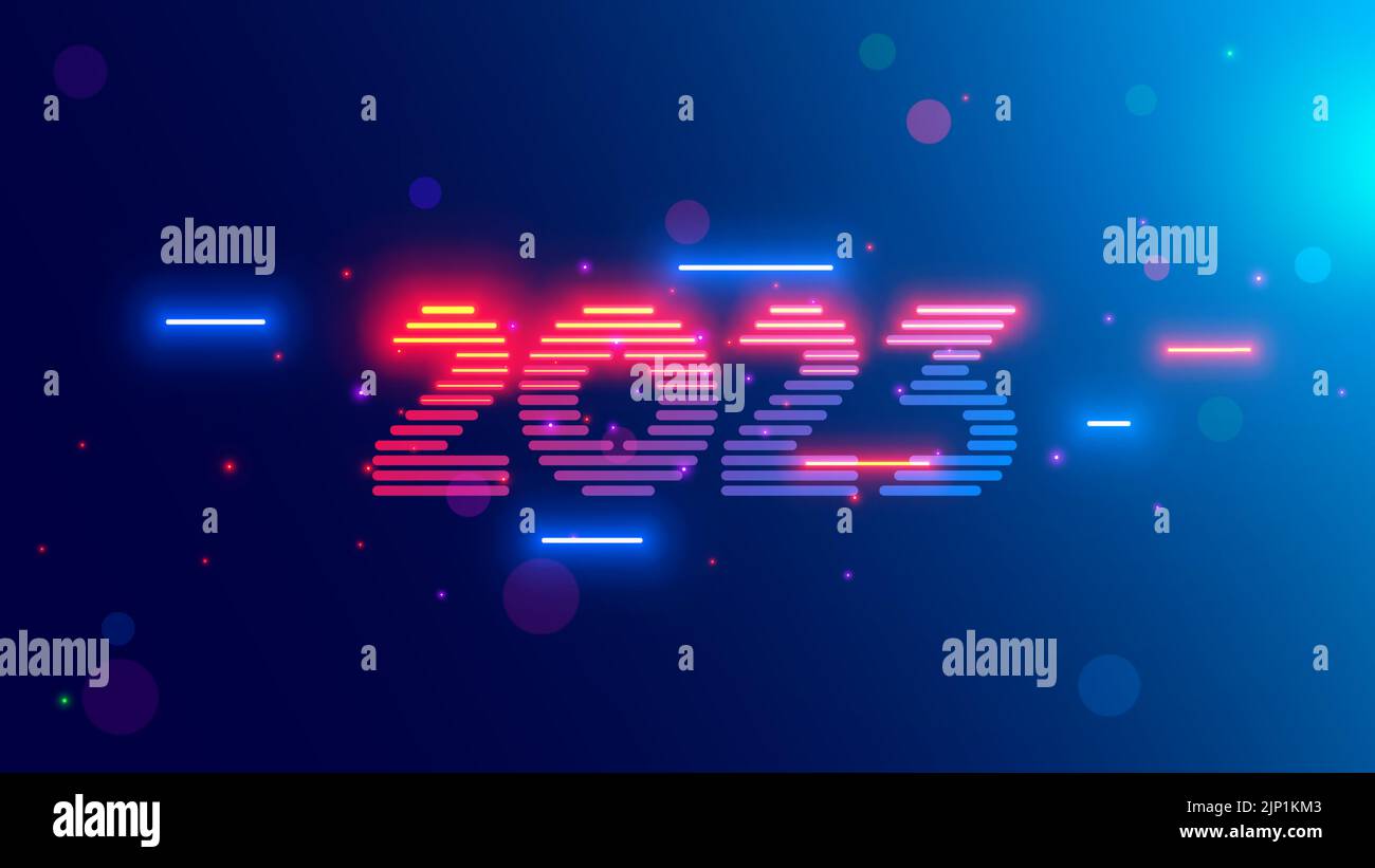 2023 new year, christmas tech background. Year 2023 consist from light neon lamps in dark, hanging in cyberspace. Digits or Number year on celebration Stock Vector