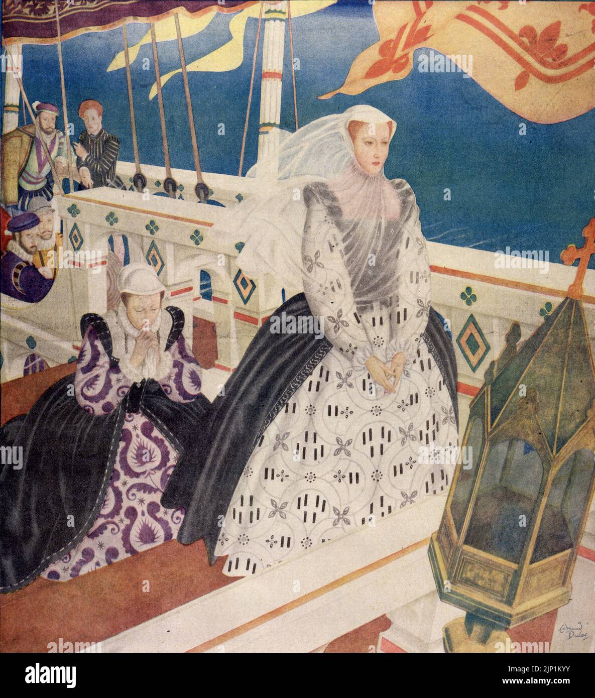 'Mary Queen of Scots' published on June 10,1934 in the American Weekly Sunday magazine by Edmund Dulac for 'Follies that Destroyed Famous Queens'. Stock Photo