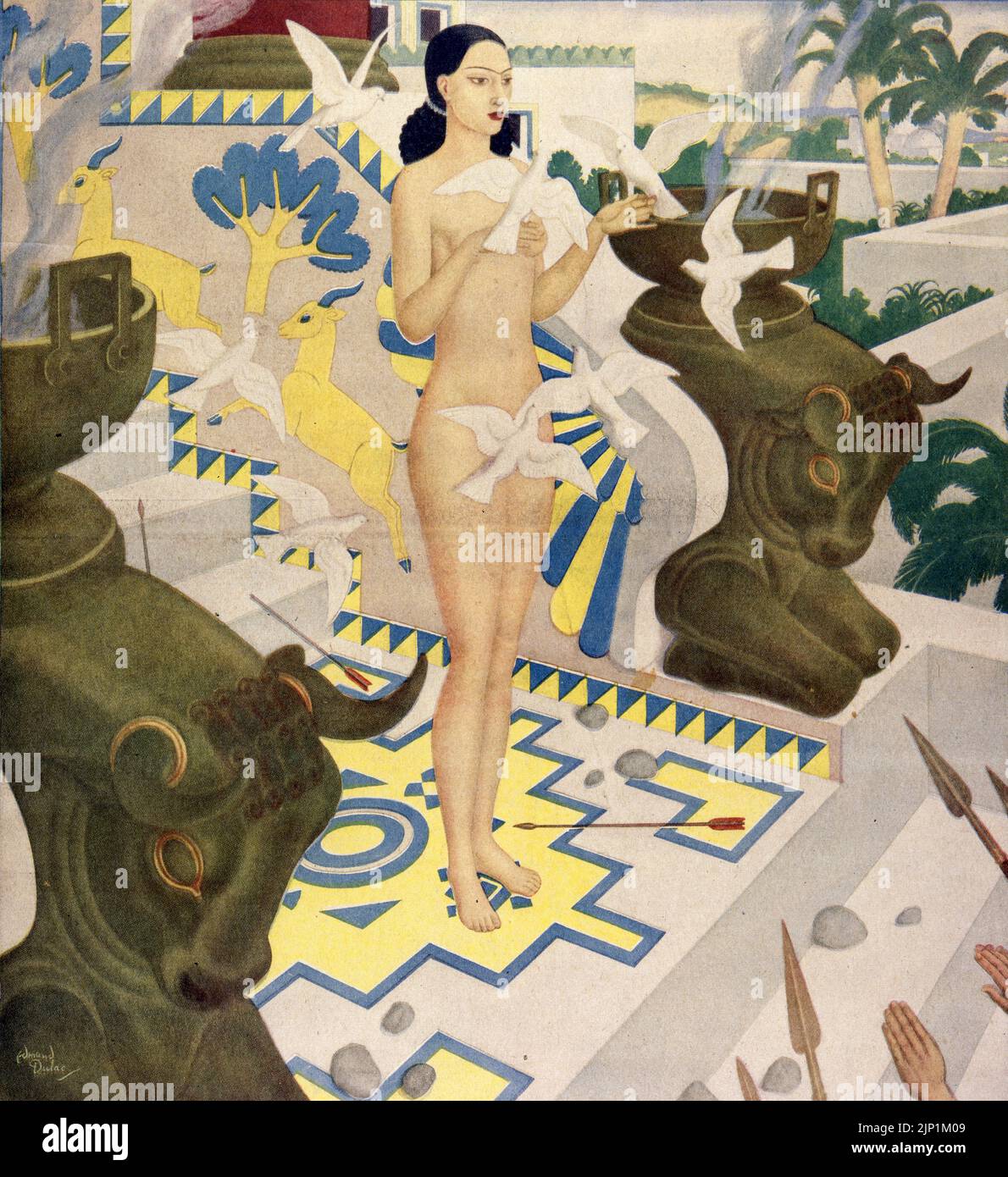 'Semiramis' published April 29,1934 in the American Weekly magazine painted by Edmund Dulac for the series 'Follies that Destroyed Famous Queens.' Stock Photo