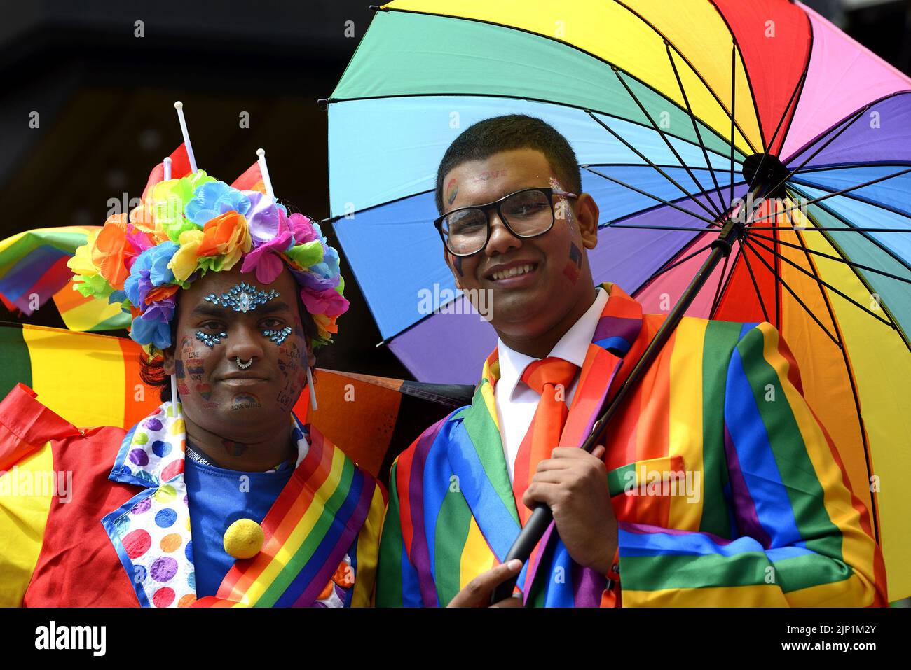 Pride in London Parade, 2nd July 2022. Mohammed Nazir (left) from campaign group Rainbows Across Borders (left) and Md Nabir Uddim Stock Photo