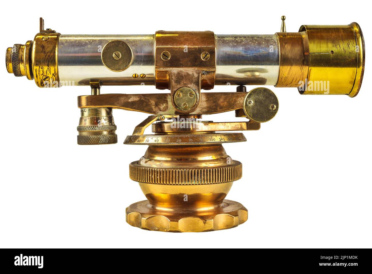 Ancient scientifical telescope isolated on a white background Stock Photo