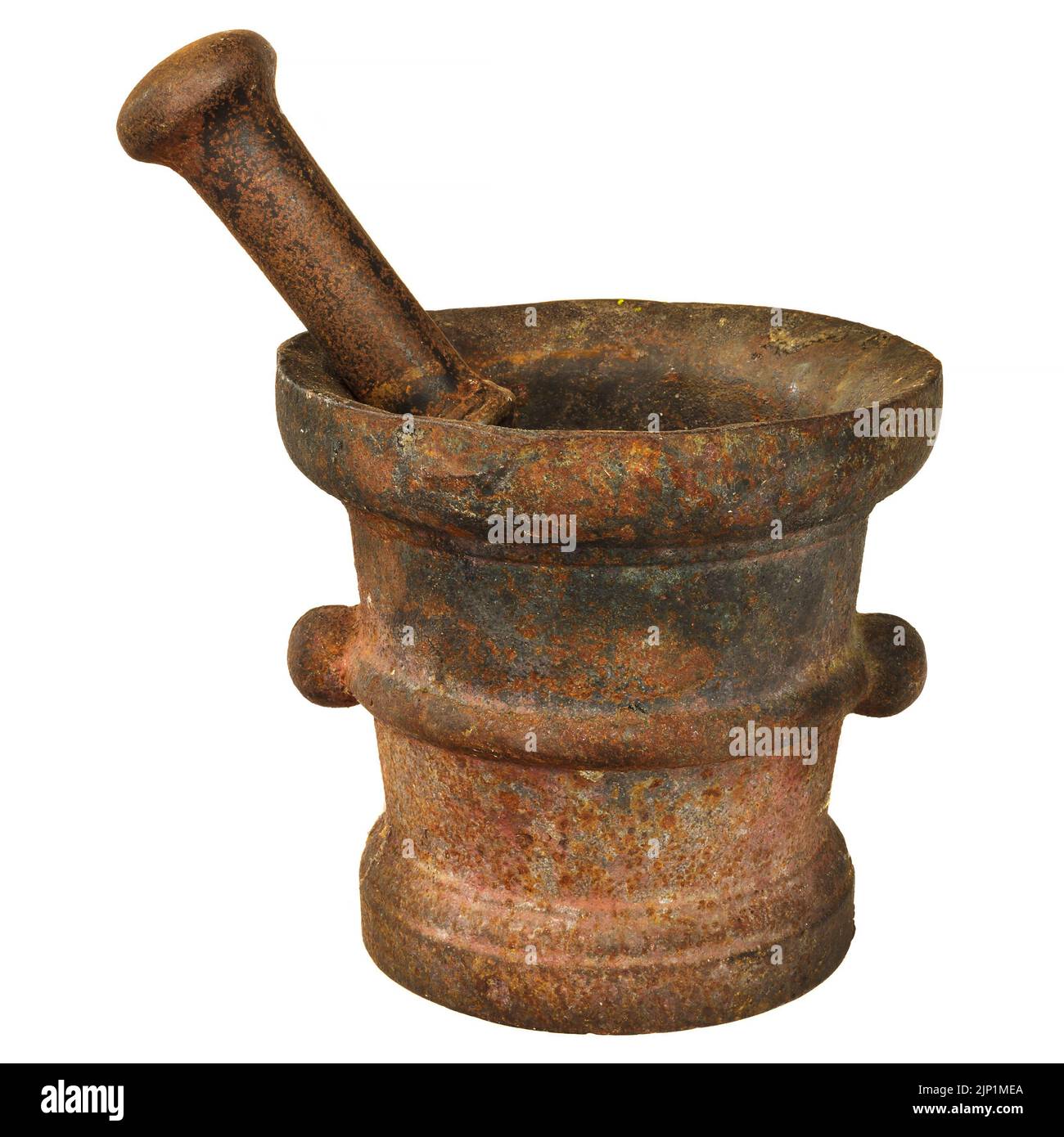 Rusted authentic ancient mortar isolated on a white background Stock Photo