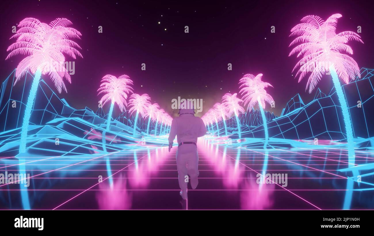 Astronaut runs surrounded by flashing neon lights. Music and retrowave