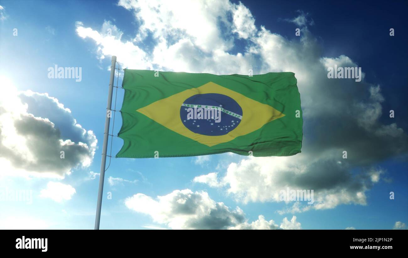 Flag of Brazil waving at wind against beautiful blue sky. 3d ...