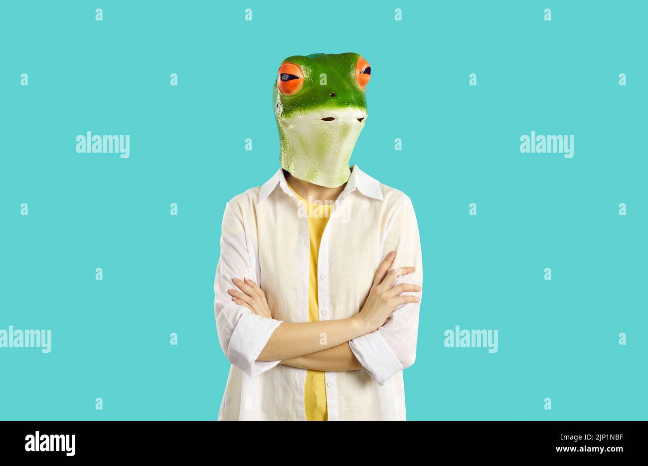 Woman in funny frog mask with sceptical face expression standing with her arms folded Stock Photo
