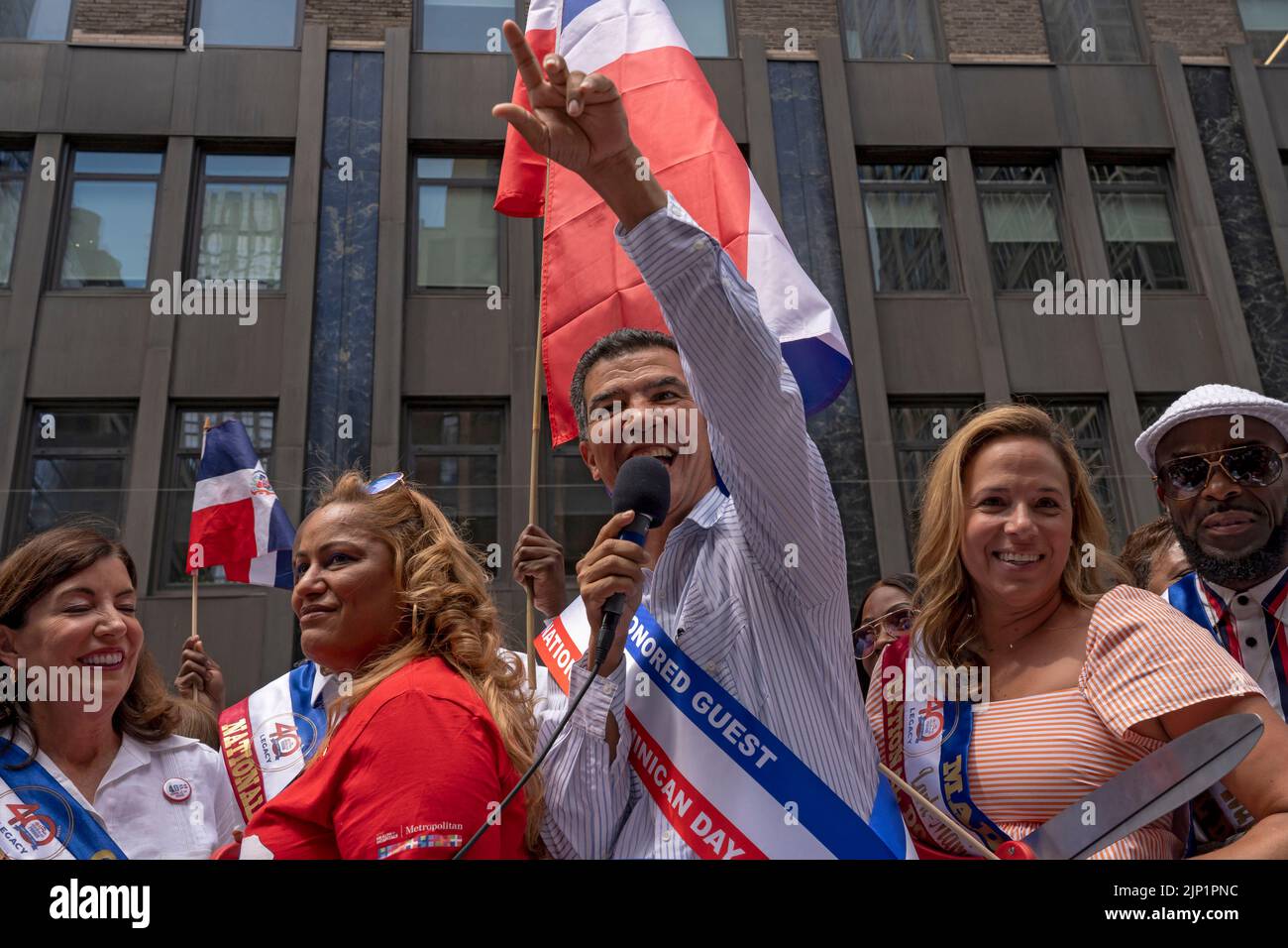 New York, United States. 14th Aug, 2022. NYC Department of Transportation Commissioner Ydanis Rodriguez, this year's Grand Marshal speaks at the Dominican Day Parade on 6th Avenue in New York City. The National Dominican Day Parade celebrated 40 years of marching on Sixth Avenue in Manhattan. The parade celebrates Dominican culture, folklore, and traditions. Credit: SOPA Images Limited/Alamy Live News Stock Photo