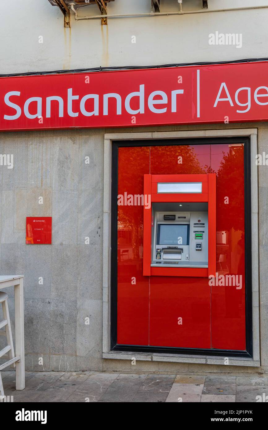Arta, Spain; august 13 2022: Close-up of an ATM of the Santander banking company, in the Mallorcan town of Arta Stock Photo