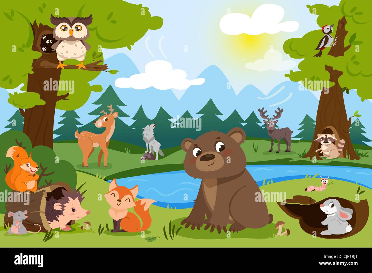 Cartoon forest animals in wild nature. Natural landscape with lake, cute bear, squirrel, fox, wildlife wolf and deer. Hare hole, woodpecker hollow and birds on trees. Woodland burrow with hedgehog. Stock Vector