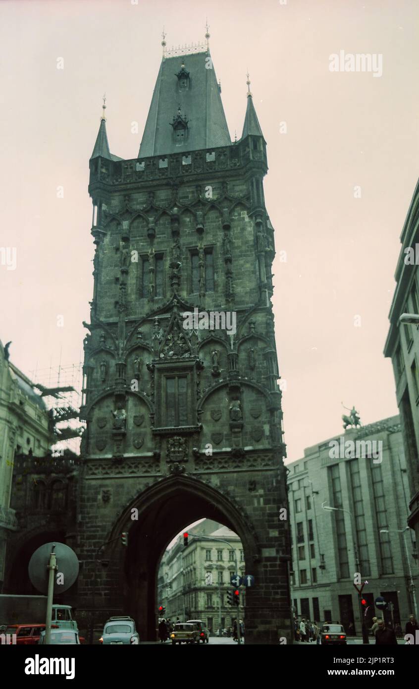 PRAGUE, CZECHOSLOVAKIA - ca. 1987: Vintage photo of the Powder Tower or Powder Gate gothic tower in Prague in the year 1987. Stock Photo