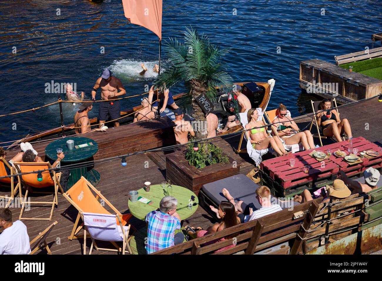 Kayak Bar by Slotsholmskanalen (Slotsholm Canal), summer; Copenhagen, Denmark Stock Photo