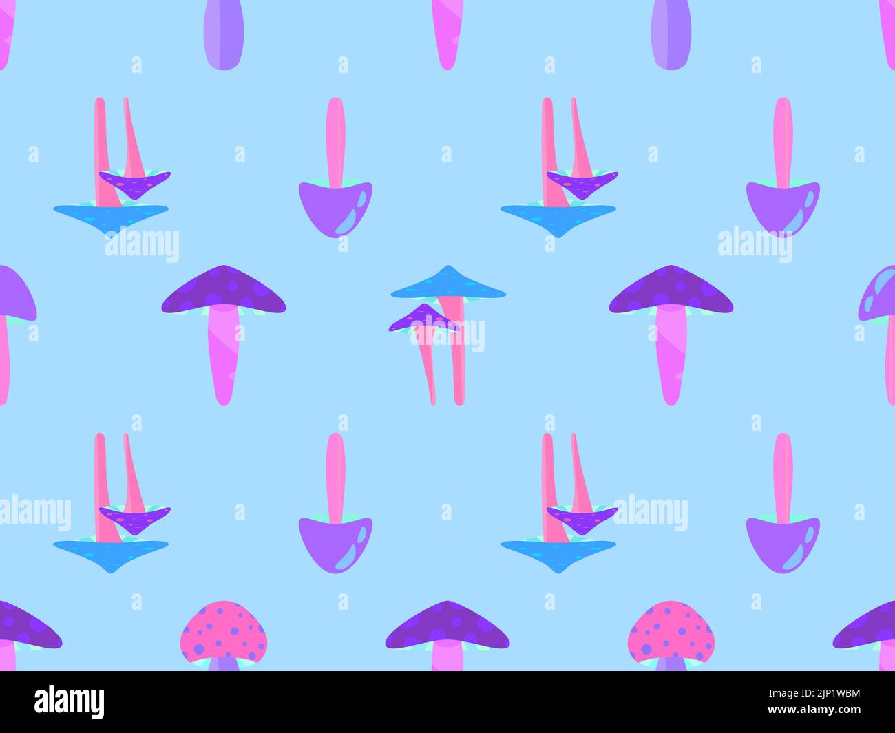Seamless pattern with mushrooms. Various mushrooms. Wallpaper with purple and turquoise mushrooms. Design for banners and promotional items. Vector il Stock Vector