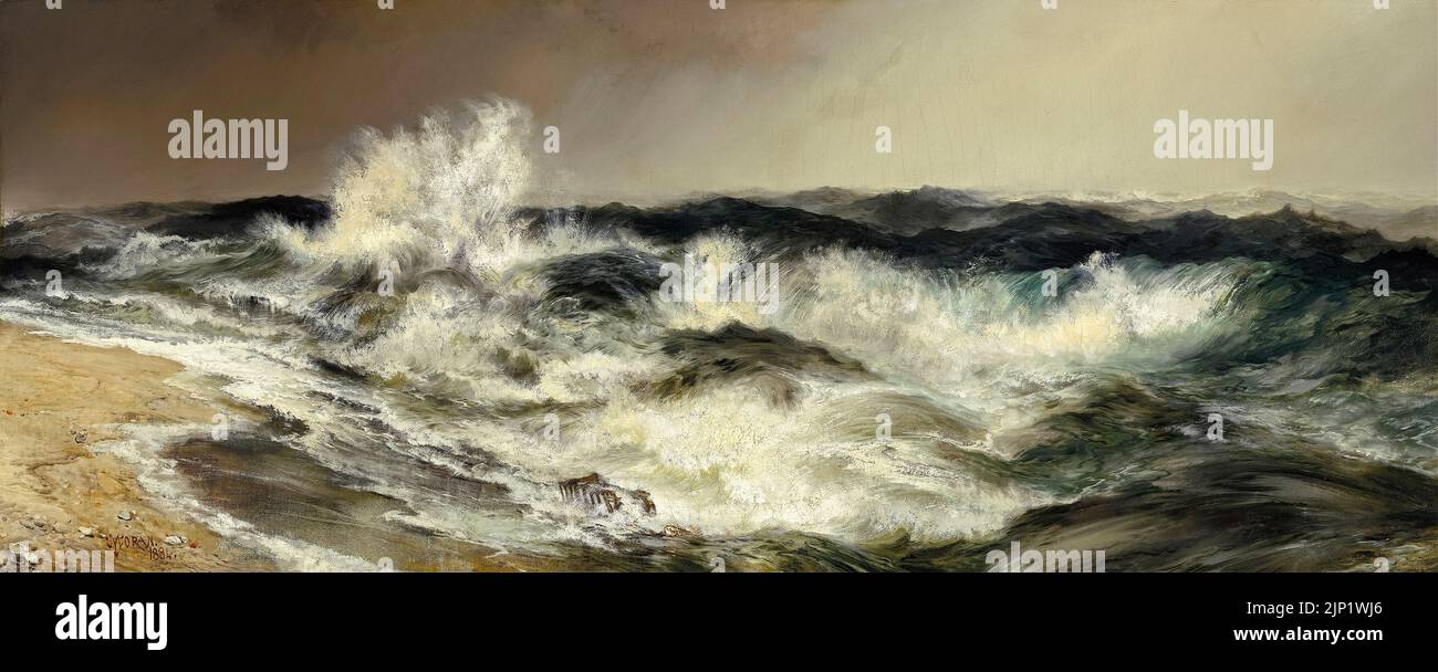 Thomas Moran, The Much Resounding Sea, landscape painting in oil on canvas, 1884 Stock Photo