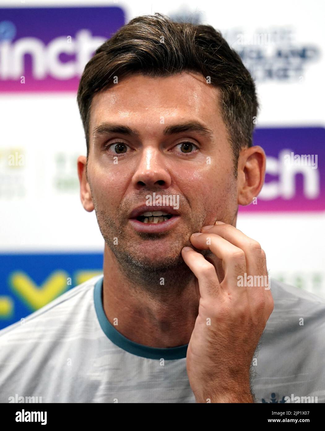 England's James Anderson during a press conference following a nets