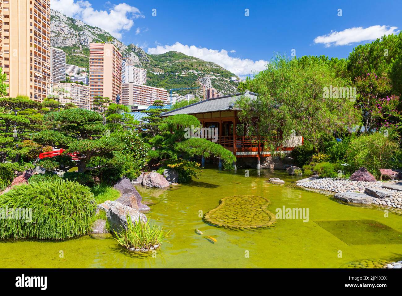 Monte Carlo, Monaco - August 15, 2018: People walk the Jardin Japonais de Monaco on a sunny day. The Japanese Garden is a municipal park in a city cen Stock Photo