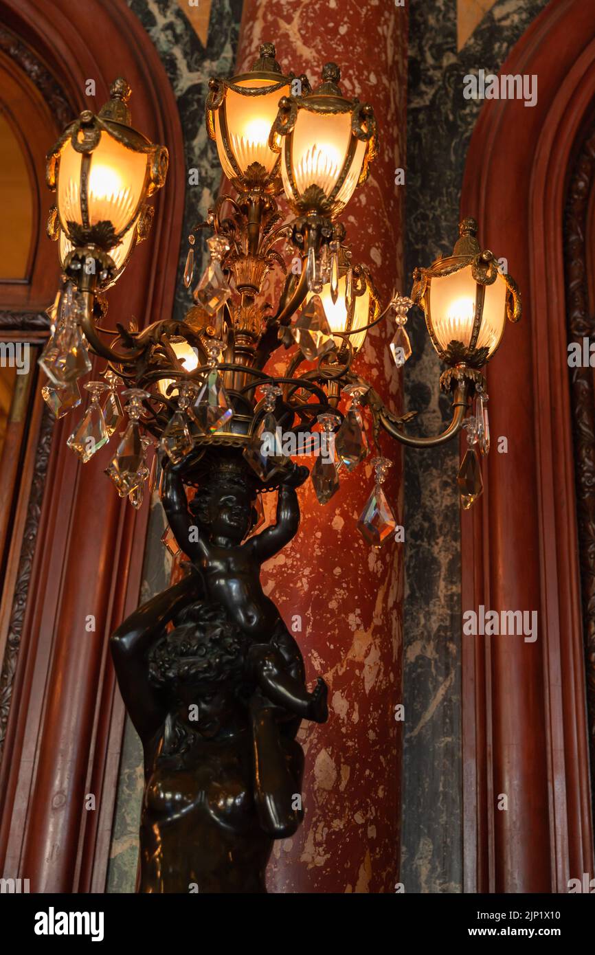 Monte Carlo, Monaco - August 15, 2018: Interior of the Casino de Monte-Carlo, sculpture with lights Stock Photo
